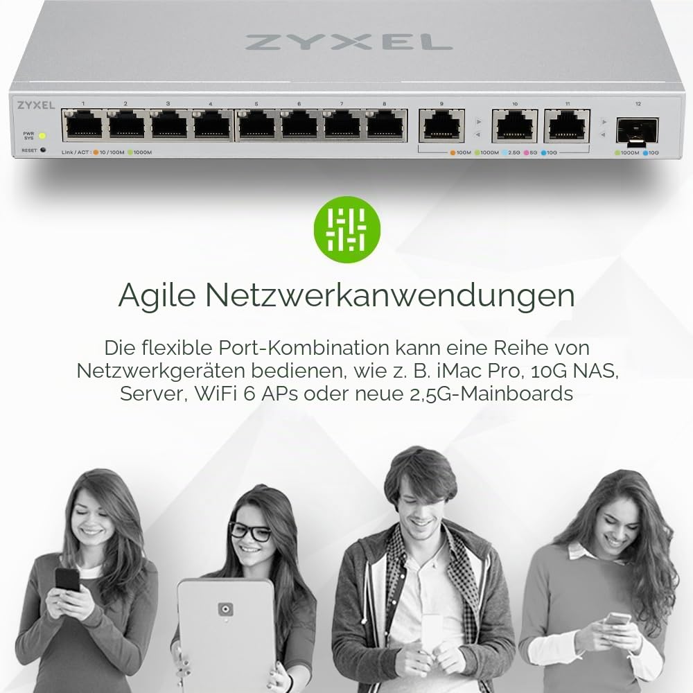 Zyxel Netzwerk Switch 12 Port | Web Managed Multi Gigabit LAN Splitter | 8X 1GbE + 3X 10Gb + 1x 10G SFP+ Ports | QoS, VLAN, Link Aggregation, IGMP | Desktop oder Wand Montage | Smart Fan | XGS1250-12 4