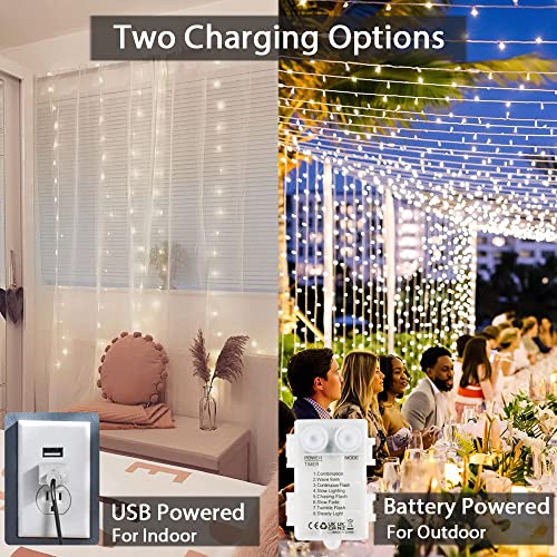 YEOLEH String Lights Curtain USB or Battery Powered, 144 LEDs Bedroom