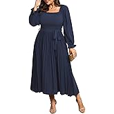 SHESTARR Women's Plus Size Dress Long Sleeve Smocked Square Neck Ruffle Pleated Flowy Wedding Guest Maxi Fall Dress