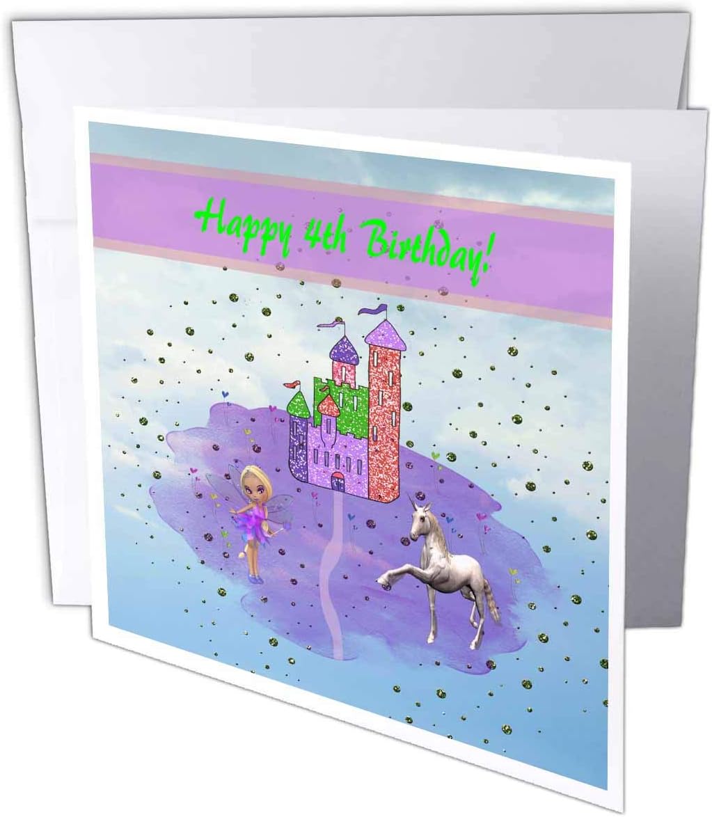3dRose gc_180771_5 6 x 6-Inch Glitter Look Castle With Fairy Princess And Unicorn Happy 4Th Birthday - Greeting Card