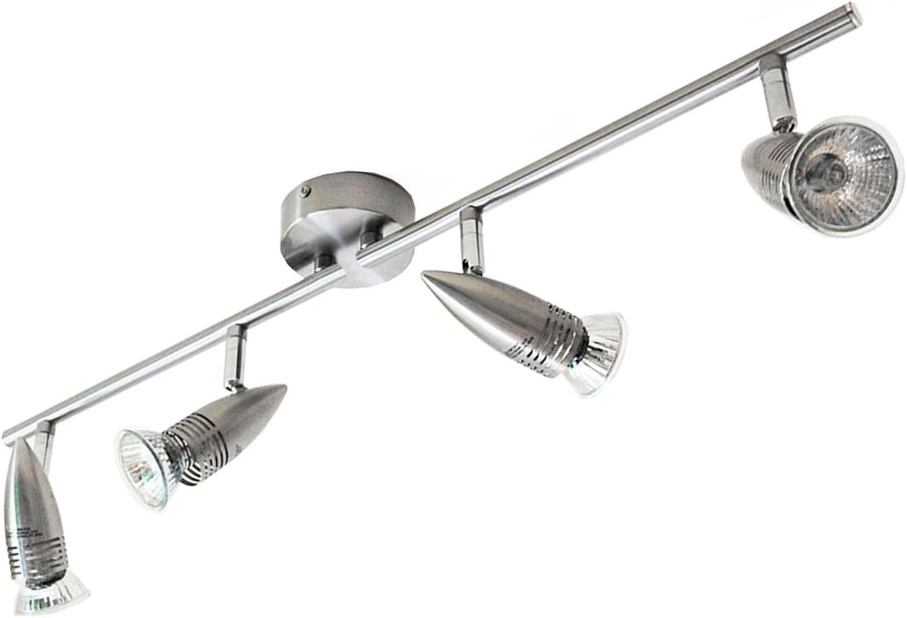 Mix and Match 1 2 3 4 Or 6 Bar and Spiral Ceiling Light Fittings Spot Light Chromed Or Brushed Steel. Single Double Triple Or Quad Head Lamps. 240v UK Electric. (Brushed Steel, 4 Way Folding Bar)