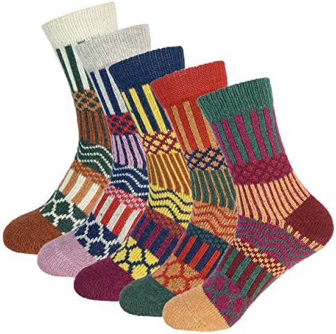 5Pack Womens Vintage Thick Knit Warm Casual Wool Crew Winter Socks,Multicolor