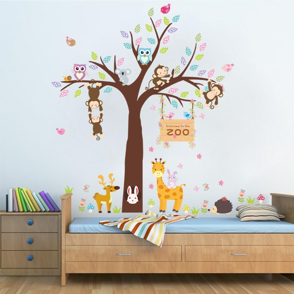 Wland 3 feet x 3 feet Jungle Cute Monkeys Giraffe Rabbits Trees Zoo Animal Removable Vinyl Wall Decals Stickers for Children Room Nursery