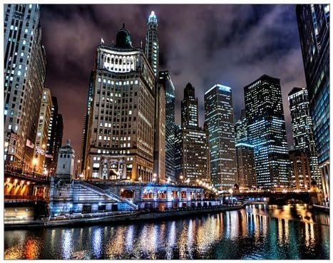 Fashion City usa chicago night lights Painting Canvas Print 14" x 11" Modern Canvas Art Wall Decor Landscape Oil Painting Wall Art Wall Decor Home Decorations.