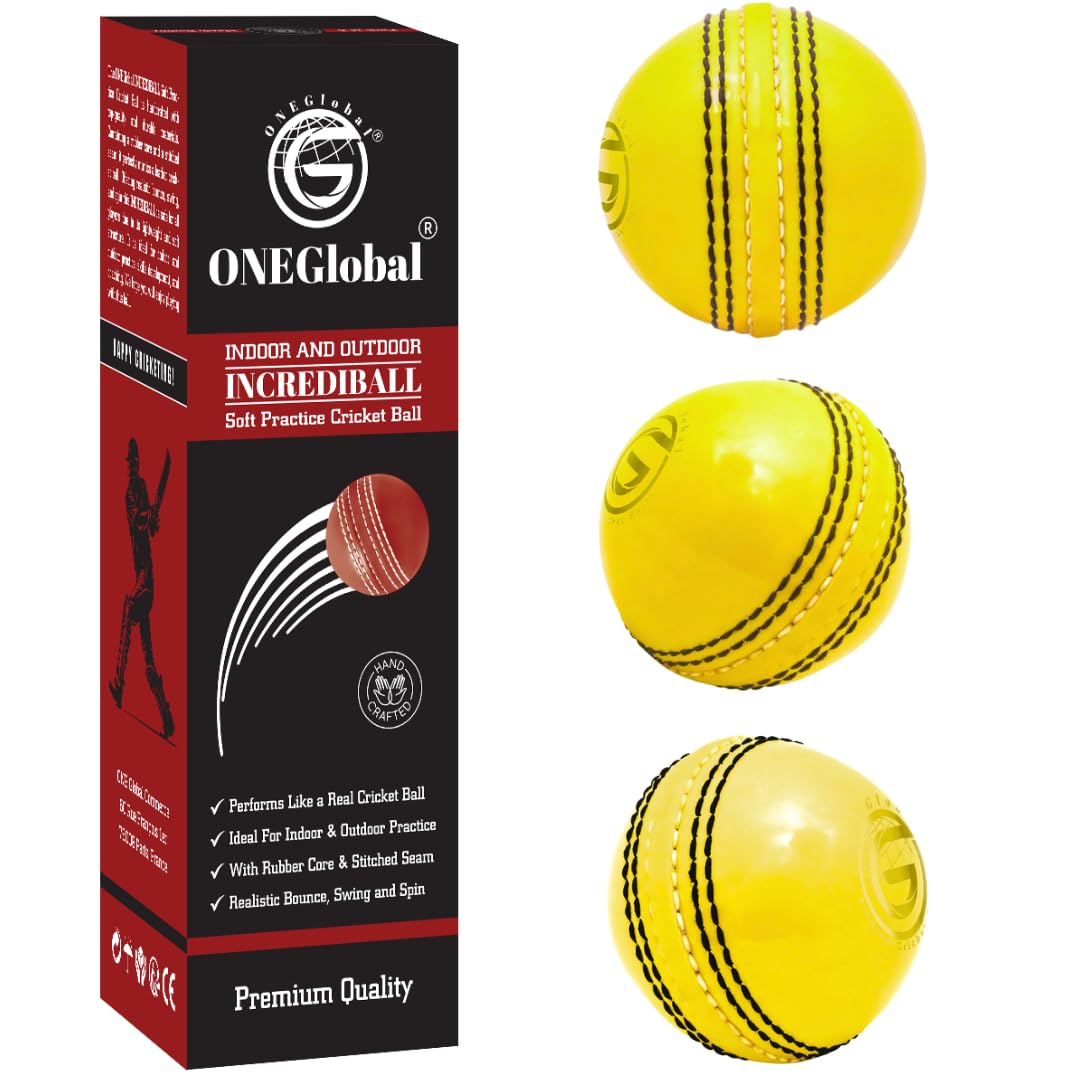 ONEGlobal Incrediball Soft Practice Cricket Ball | Outdoor & Indoor Rubber Cricket Ball With Core & Stitched Seam | For Practice, Training & Family Fun | Senior & Junior Size (3 Yellow, Senior)