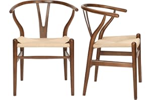 VODUR Wishbone Chair Natural Solid Wood Dining Chair/Hans Vegner Y Chair Rattan and Wood Accent Armrest Chair (Ash Wood - Walnut 2 Chairs)