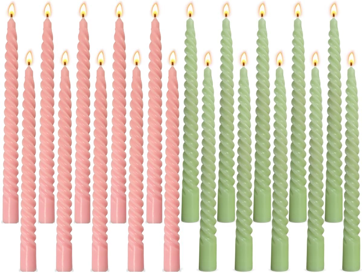 Photo 1 of 10 Pack Pink and 10 Pack Sage Green Spiral Taper Candles for Home Decor, 10 Inch Unscented Dripless Twisted Candlesticks for Weddings Dinner Holiday Decoration Formal Events