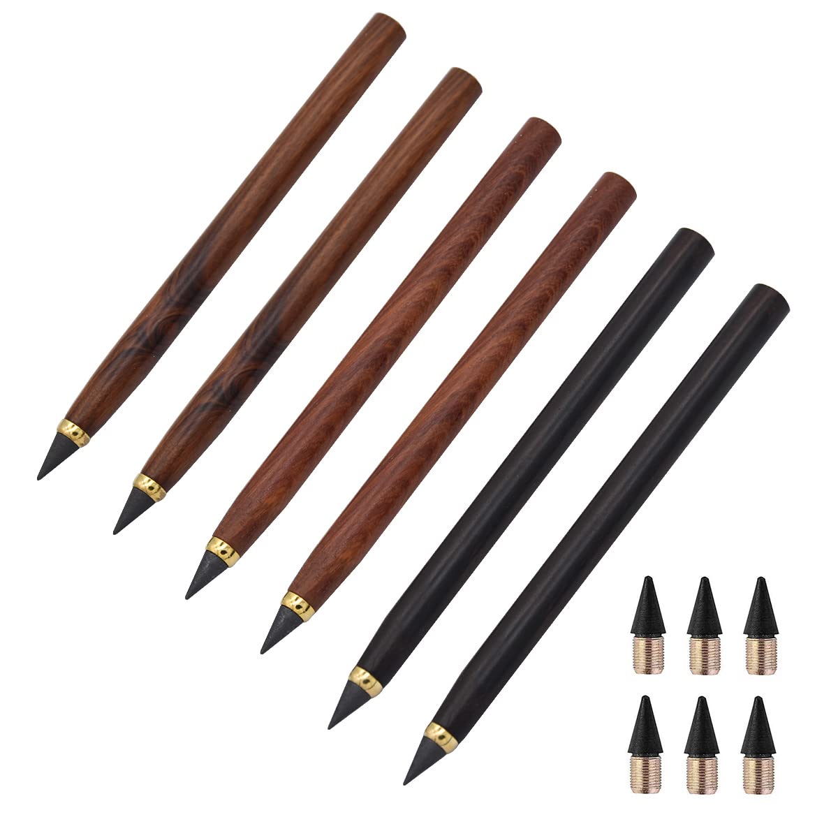 SIPLIV 6Pcs Inkless Everlasting Pencil Wooden Inkless Signature Pencils Unlimited Writing Pencil With 6Pcs Replacement Pen Heads - Wooden