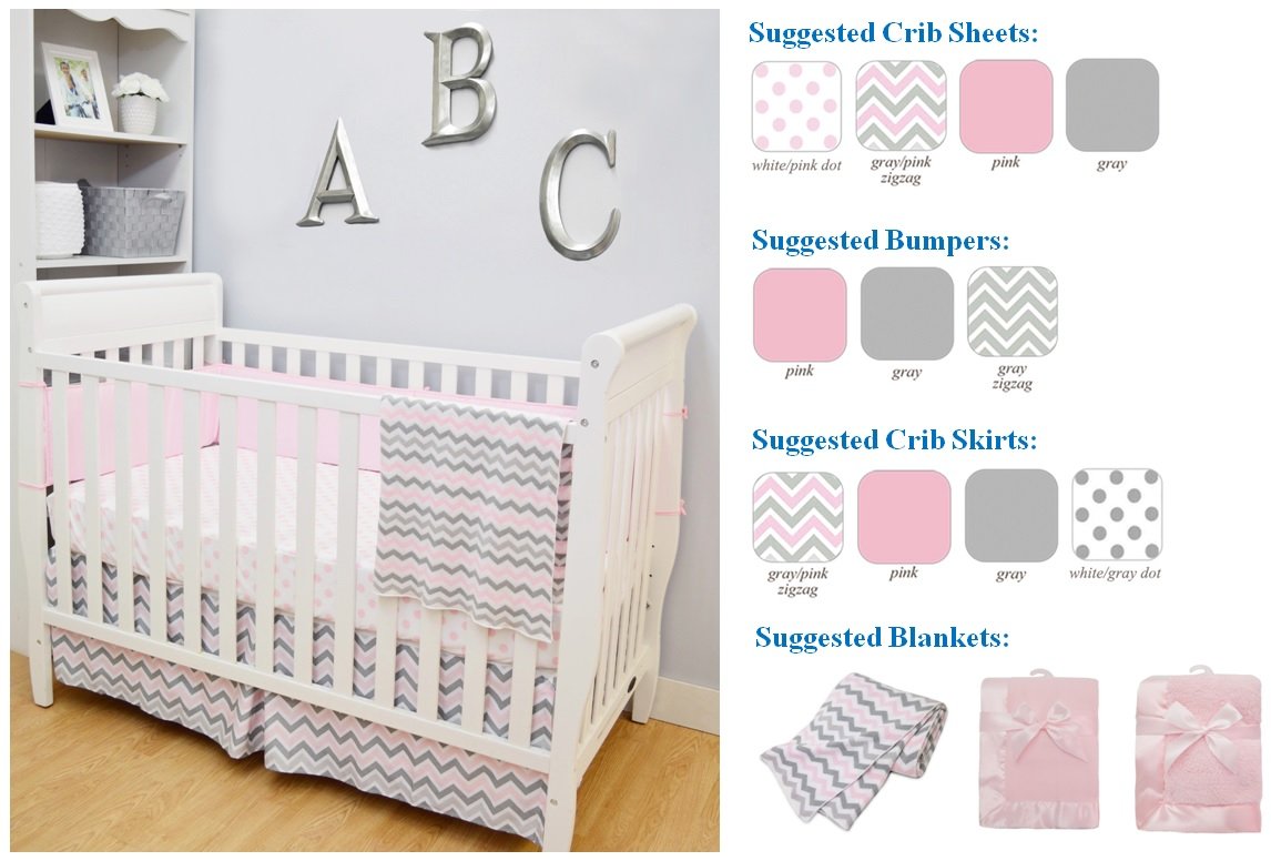 100% Cotton Tailored Crib Skirt with Pleat, Gray Zigzag, for Boys and Girls