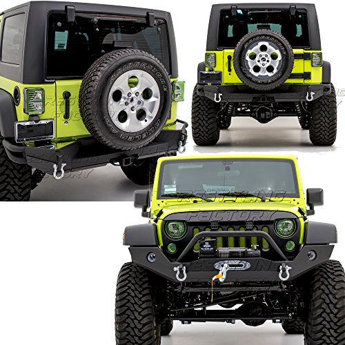 Restyling FactoryRock Crawler Full Width Front Bumper with OE Fog Lights Hole and Winch Plate+Full Width Rear Bumper with 2"Hitch Receiver-Textured Black Combo for 07-17 Jeep Wrangler JK