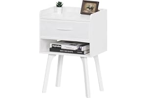 Lerliuo White Nightstand, Mid Century Modern Bedside Table with Cloth Drawer, Wood End Table for Small Space, Side Table with Storage, Night Stand for Bedroom/Living Room/Dorm