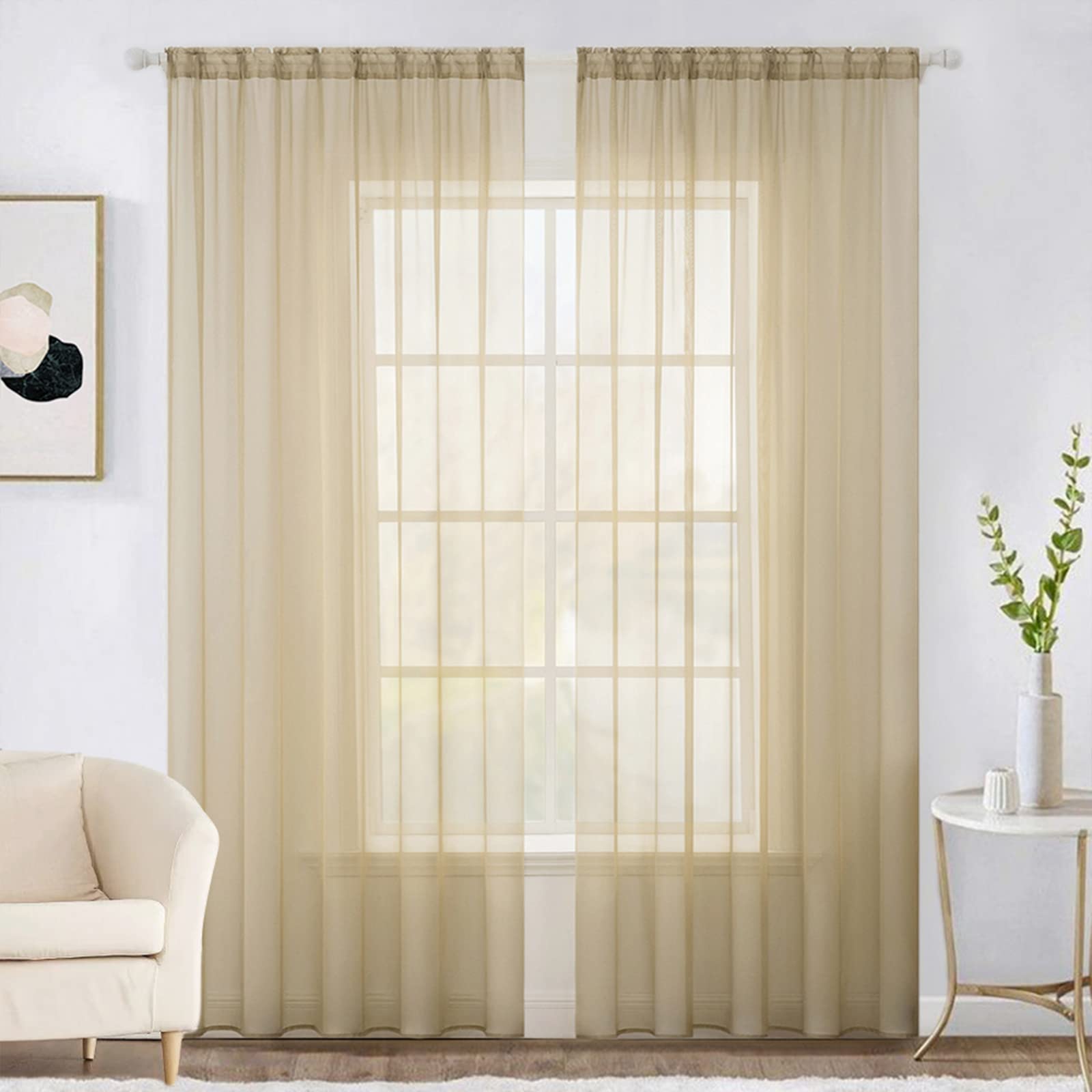 Photo 1 of MIULEE 2 Panels Solid Color Sheer Window Curtains Elegant Window Voile Panels/Drapes/Treatment for Bedroom Living Room (54 X 102 Inches Beige)