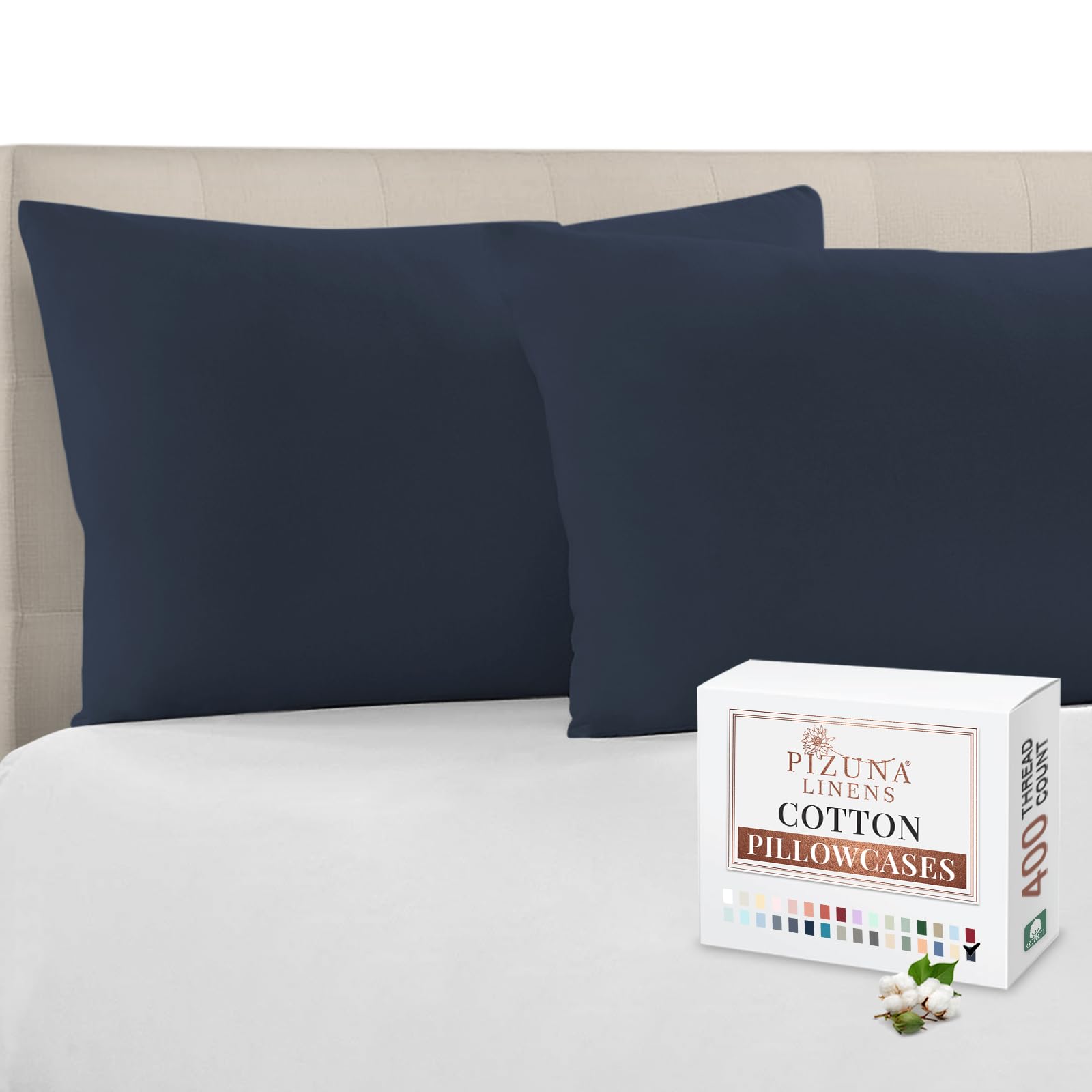 Pizuna 100% Cotton Housewife Pillowcases 2 Pack Dark Blue 48x74cm, 400 Thread Count Long Staple Combed Cotton Pillow Cover, Sateen Weave Standard Housewife Pillowcase (Cotton Pillowcase Pack of 2)
