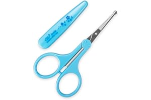 Humbee Eyebrow Scissors, Small Scissors for Facial, Nose, Eyebrow, Mustache, and Beard Hair Trimming & Grooming, Safety Edge, Blue Long Cap