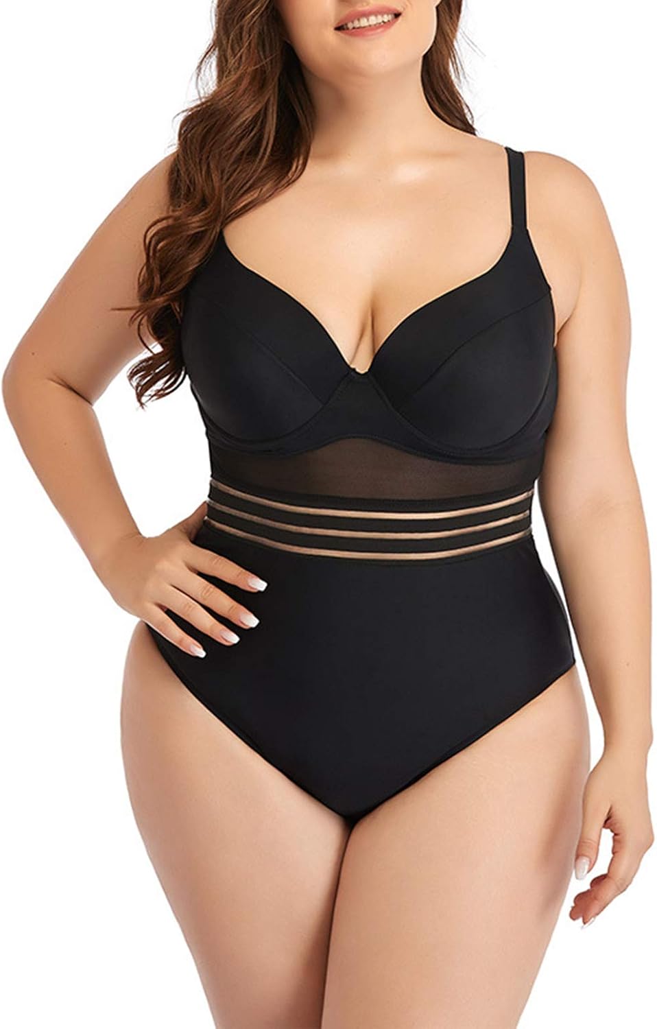 LERENSHA Women Plus Size One Piece Mesh Hollow Out Swimsuit Tummy