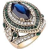 CKHAO Women Ring - 32mm Big Size Antique Gold Plated Turkish Style Multi-Colored Gemstone Vintage Ring Women Jewelry J0769G