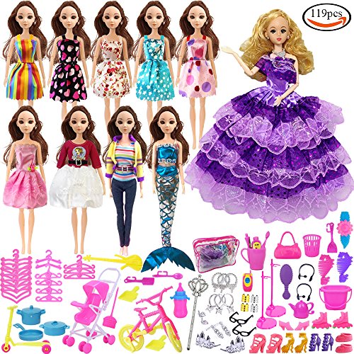 Holicolor 119pcs Barbie Doll Clothes Set Include 10 Pack Barbie Clothes Party Grown Outfits And Randomly 108pcs Different Barbie Doll Accessories, with 1 Bag
