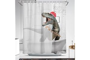 Coxila Dinosaur Shower Curtain Dino Cute Funny Fun Cartoon Animal Monster White Grey Gray Boys Children Kids 60x72 Inch Polyester Fabric 12 Pack Plastic Hooks