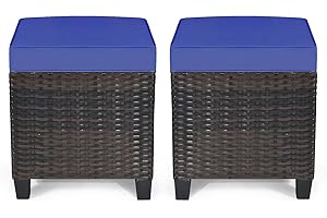 RELAX4LIFE 2-Piece Patio Ottoman Set - Wicker Footstools, All Weather PE Rattan Ottoman with Removable Cushions, Square Footrest Seat, Outdoor Stools for Garden, Porch, Pouf Ottoman (Navy Blue)