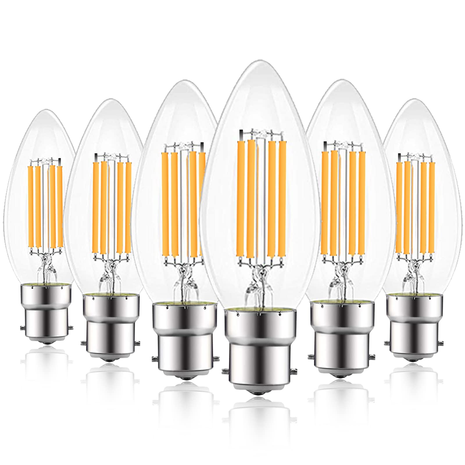 EXTRASTAR 6W C35 B22 LED Filament Candle Light Bulbs, 6500K Cool White Daylight Bayonet Cap Candle Bulb, 57W Equivalent Energy Saving Bulbs, 750LM, Non-Dimmable, Pack of 6