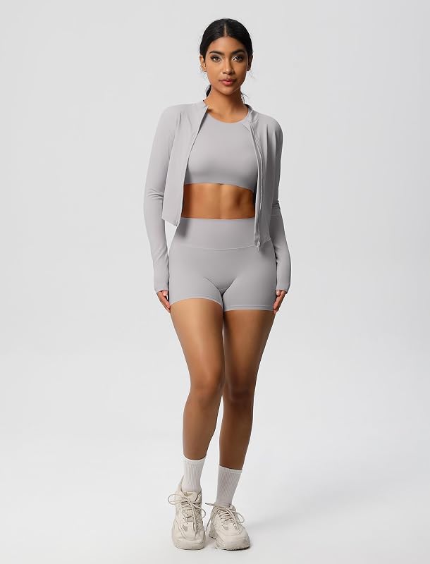 Sport-Set Damen 3-teilig mit Sportjacke: Gym Set Laufjacke + kurz Leggings + Kurzarm Tank Top mit BH - Sportkleidung für Sport, Fitness, Yoga und Pilates hellgrau L
