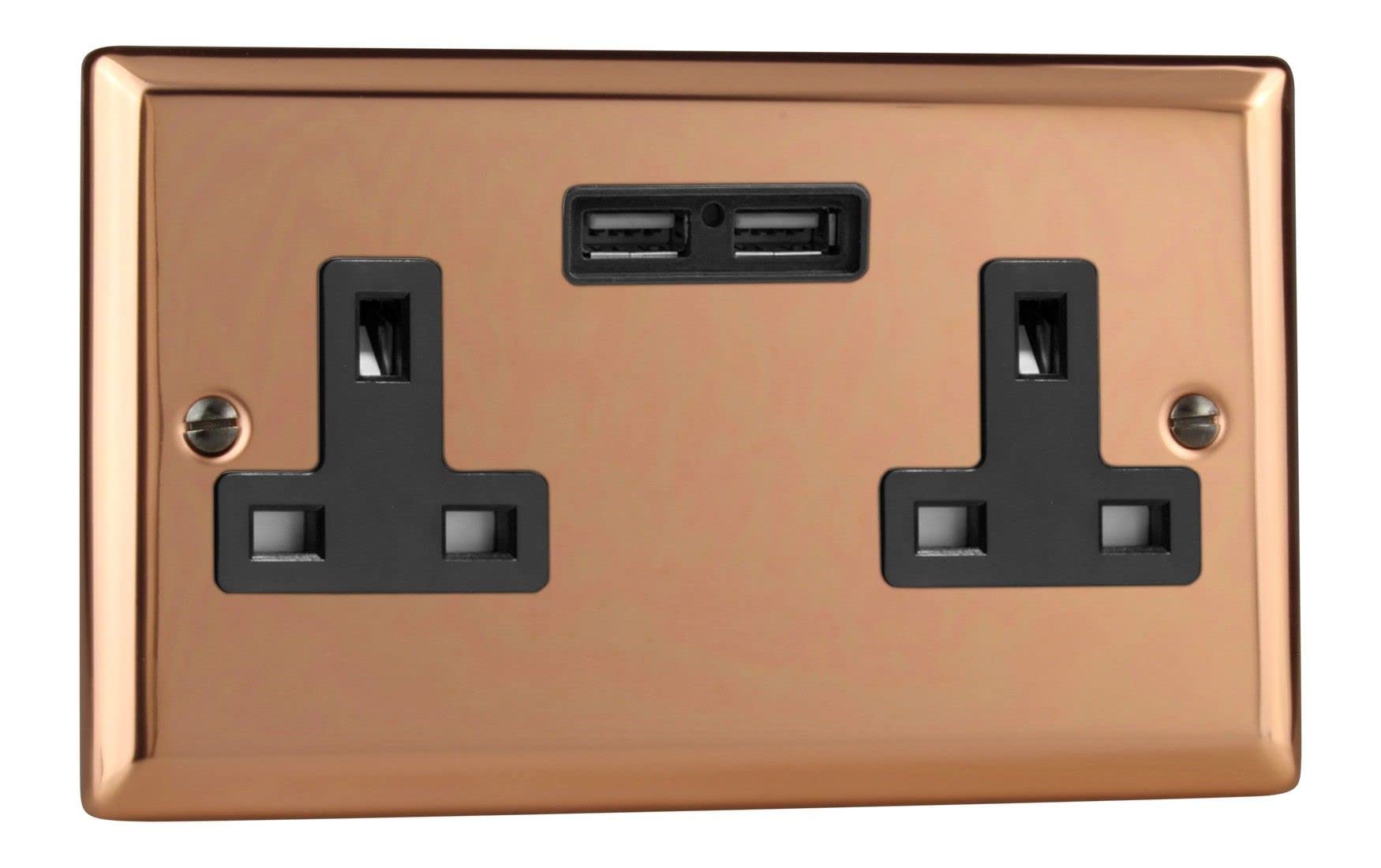 Varilight 2-Gang 13A Unswitched Socket + 2x5V DC 2100mA USB Charging Ports Polished Copper