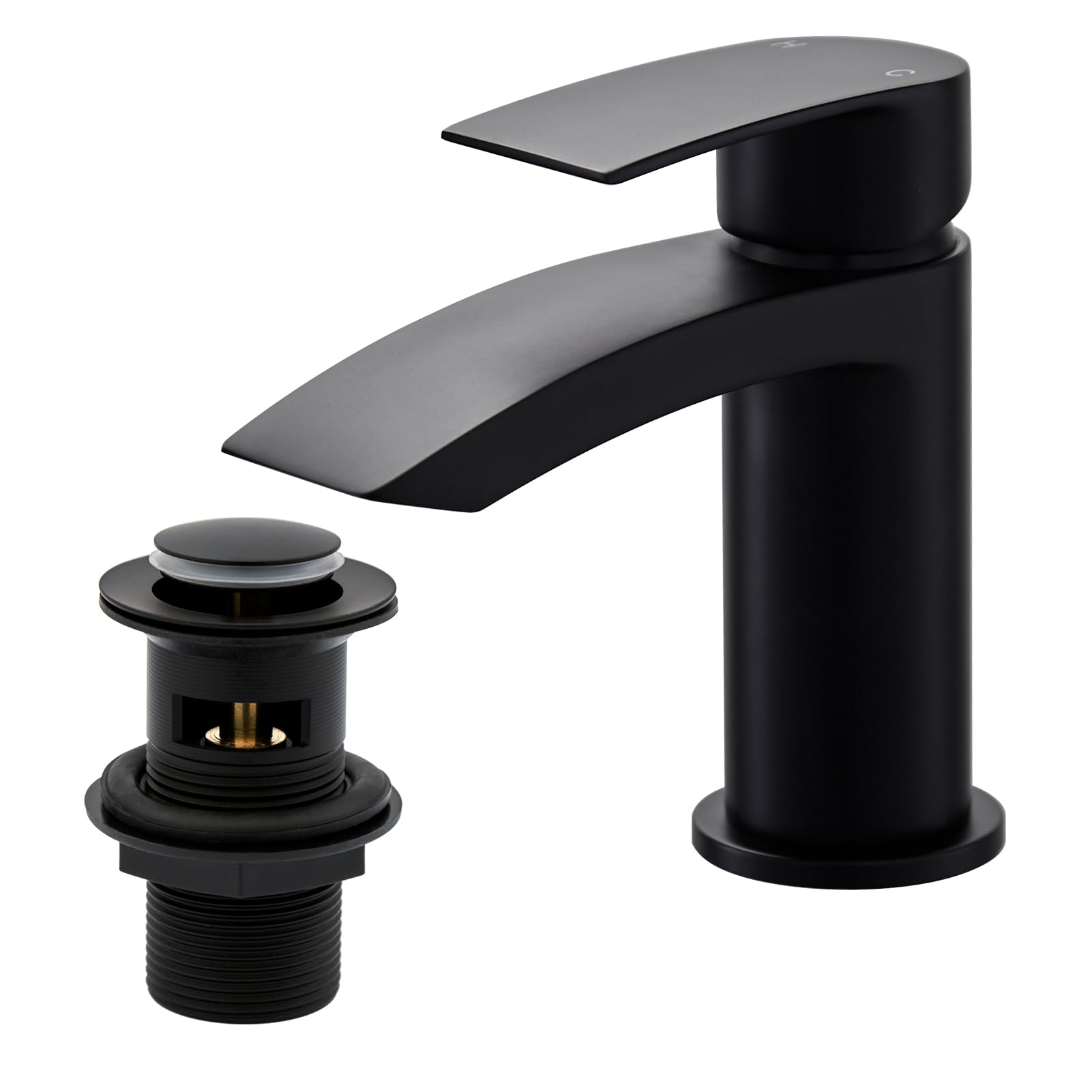 BATHWEST Black Waterfall Basin Mixer Taps with Drain, Pop Up Waste, Chromed Brass Monobloc Basin Taps with Sink Plug 882AMB