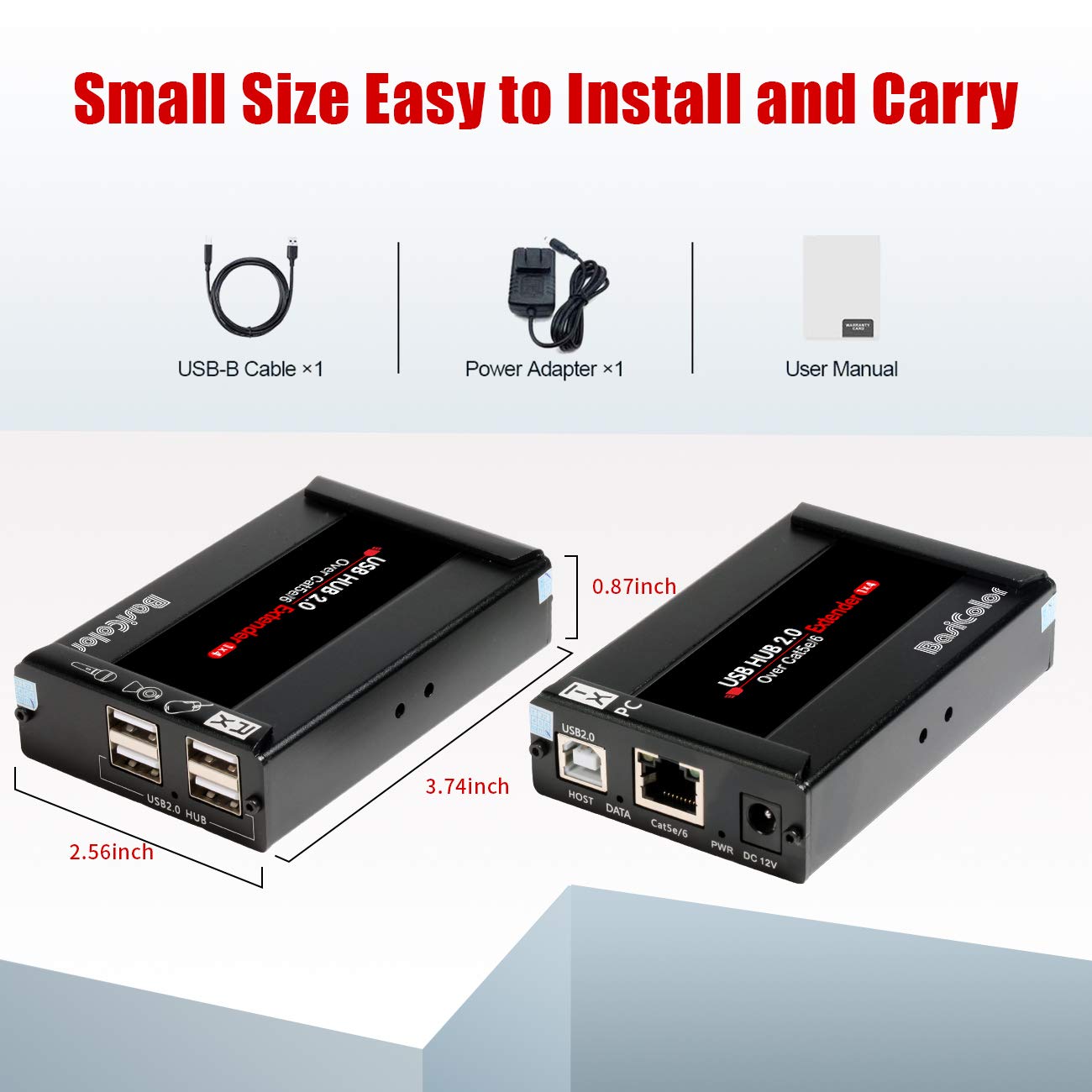 Basicolor USB Extender 262ft(80m) Kit with 4 USB 2.0 Hub, USB Over Ethernet Cat5e/6/7 Extension, USB RJ45 Extender Support All Operating System, Plug&Play, Two Web Cameras Work Synchronously.