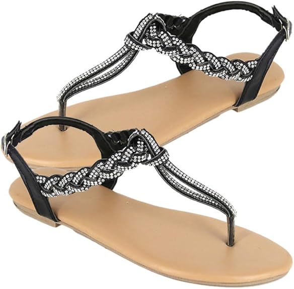 Amazon.com | Happyyami Women Gladiator Thong Sandals Flat Rhinestone Sandals with Ankle Strap 