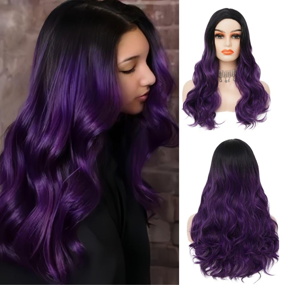 Siudus Purple Ombre Womens Long Wavy Wigs Synthetic Natural Curly Black and Purple Wig for Halloween Daily Use