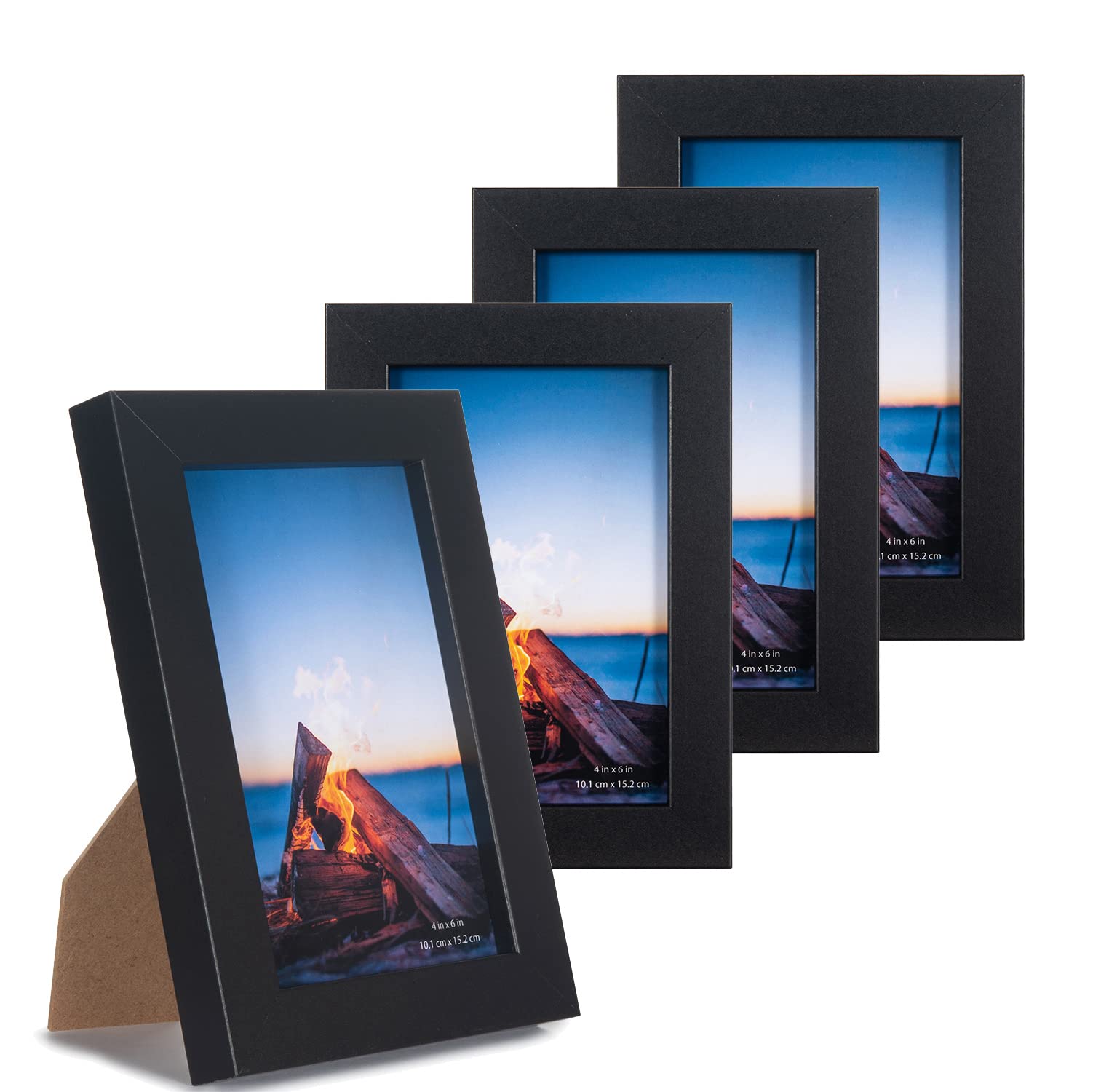 Black Wooden 6x4 Inch Picture Photo Frame, Set of 4，Freestanding and Wall Mountable