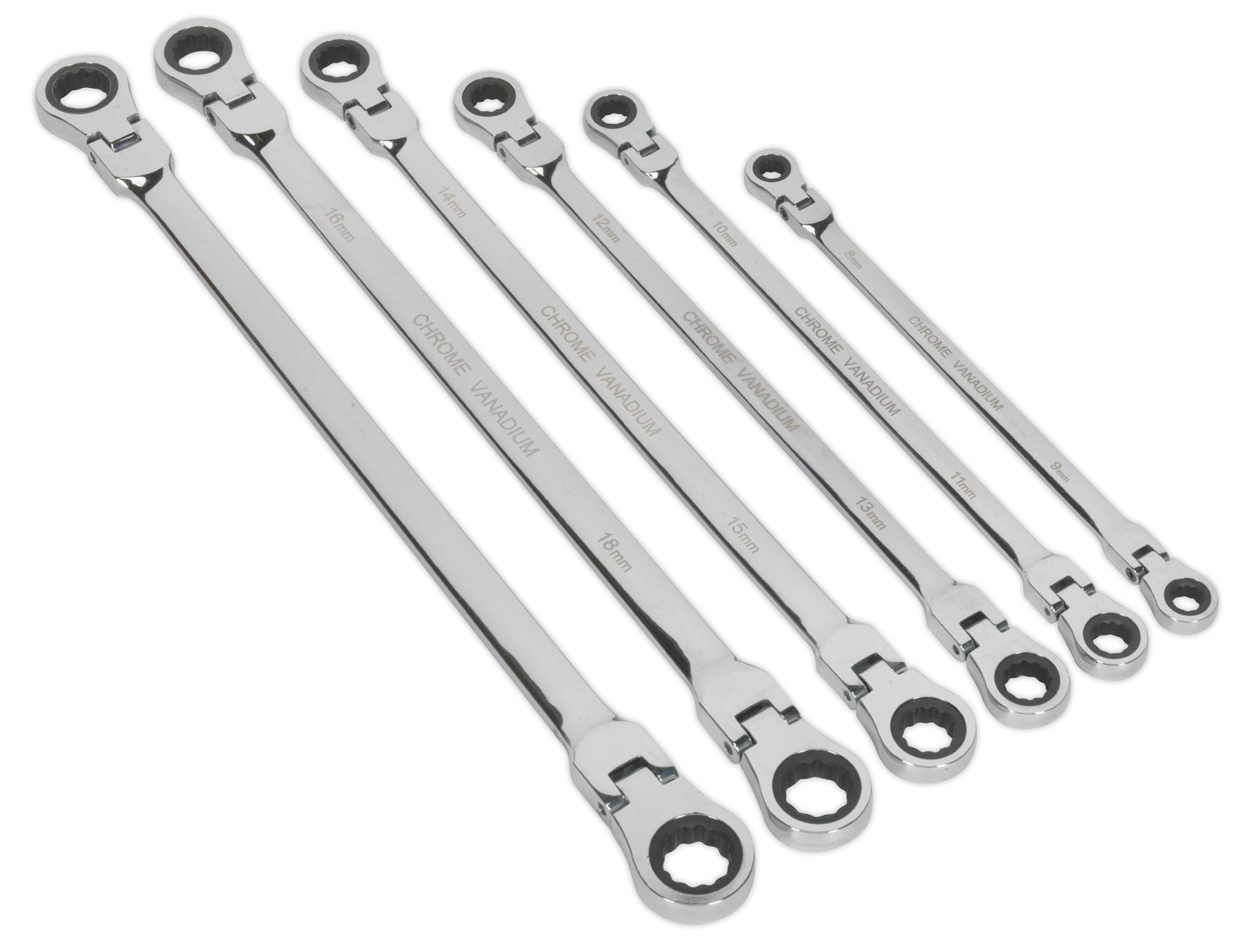 Sealey Ak63832 Flexi-Head Double End Ratchet Ring Spanner Set 6Pc X-Long Metric