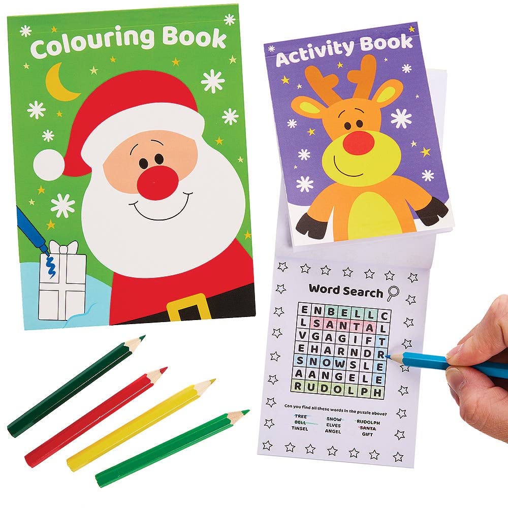 Baker Ross FX392 Christmas Chums Activity Packs - Pack of 4, Xmas Entertainment for Kids, Kids Activity and Colouring Books, Party Bag Fillers for Kids