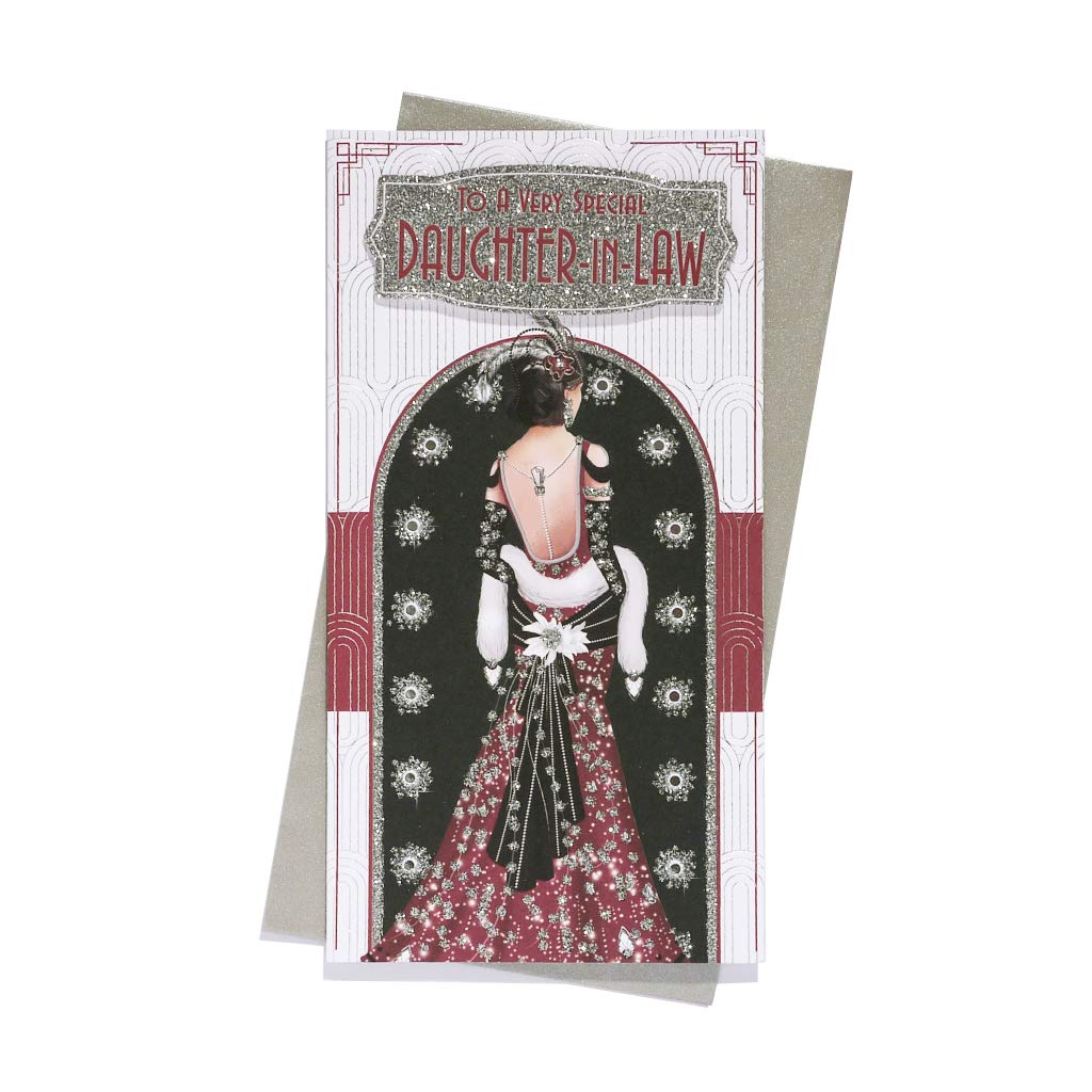 Art Deco Lady - Special Daughter in Law - Glittered Slim Birthday Card