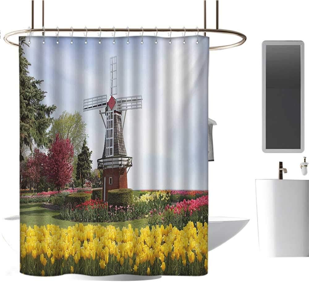 Windmill Patterned Shower Curtain Serene Vast Traditional Garden with Blossoming Flowers Trees