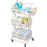 Baby Diaper Caddy Organizer Cart, 3-Tier Mobile Utility Rolling Cart with Baskets and Hanging Cups, Large Capacity Baby Essentials Storage Cart for Nursery, Changing Table & Crib, Easy to Assemble