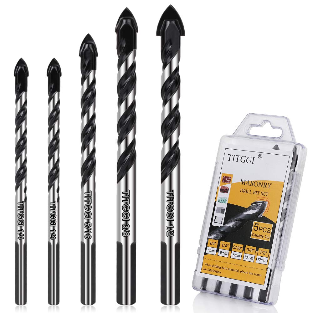 Concrete Drill Bit & Masonry Drill Bit Set, Professional Drill Bit Set (5PCS) for Glass/Brick/Plastic/Cement/Wood/Tile/Etc, Industrial Strength Carbide Drill Bit Tip, 1/4"-1/2" by TITGGI: Industrial & Scientific