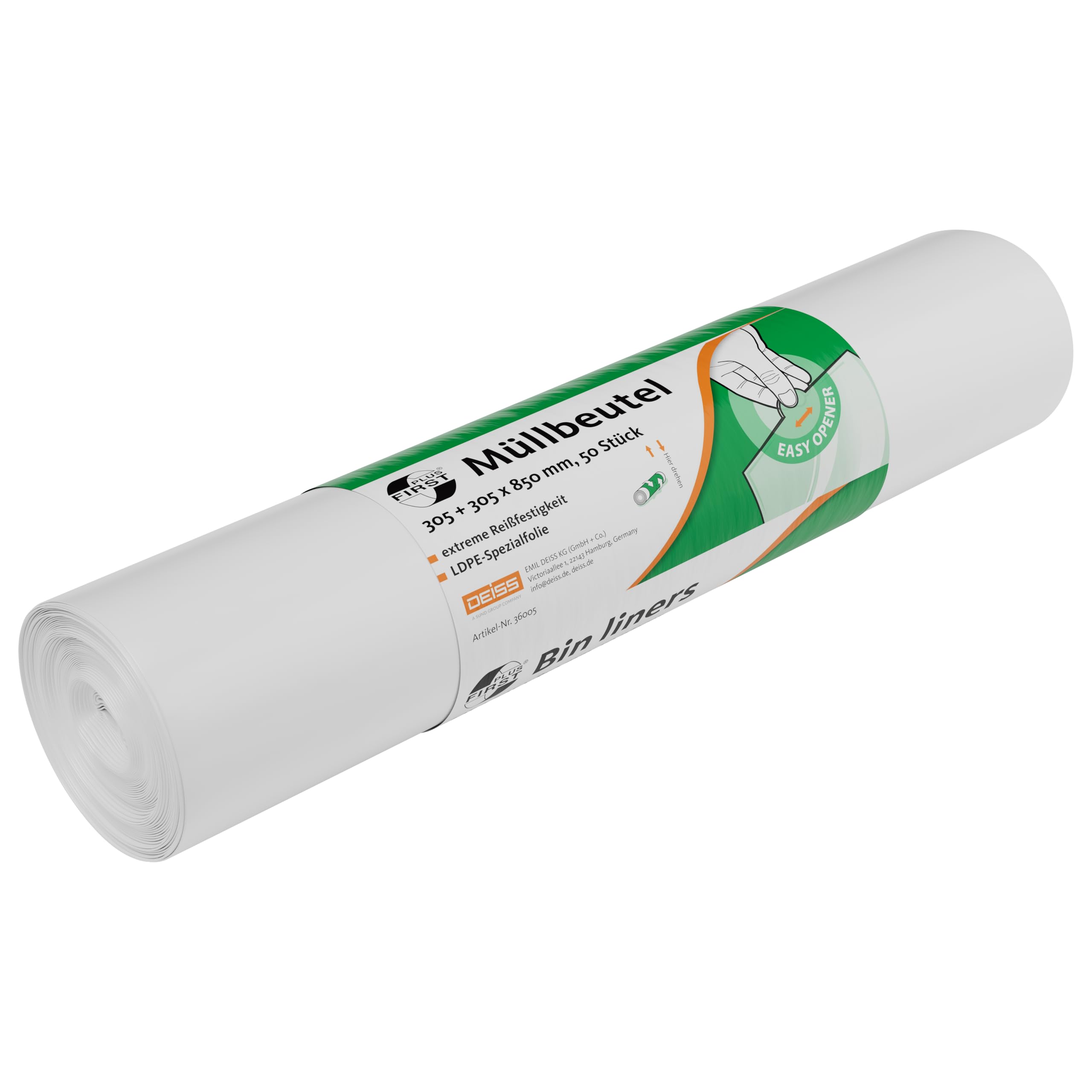 DEISS FIRST PLUS: Made of LDPE, 1A material, 80 L, white, 50 pcs/roll.