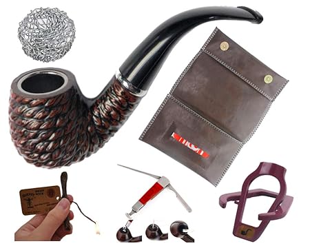 mixmax Holz Pfeife Set Tabakpfeife mit verschiedenem Zubehör | Siebe | Pfeifenreiniger | Pfeifenständer | Tabaktasche Set 3