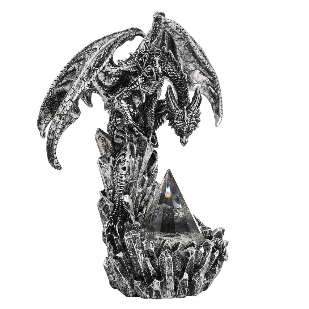 Widdop and Co. - Juliana Mystic Legends - Silver Metallic Effect Dragon Figurine Statue with Light & Shimmering Glass - Mythical, Fantasy & Gothic Themed Ornament Gifting for Homeware & Home Decor.