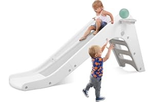 Arlopu Freestanding Kids Slide, Toddler Slide Climber with Basketball Hoop & Ball, Baby Playset w/Long Slope, for Boys and Girls Birthday, Sturdy Playground Toy for Indoor Outdoor (Grey White)
