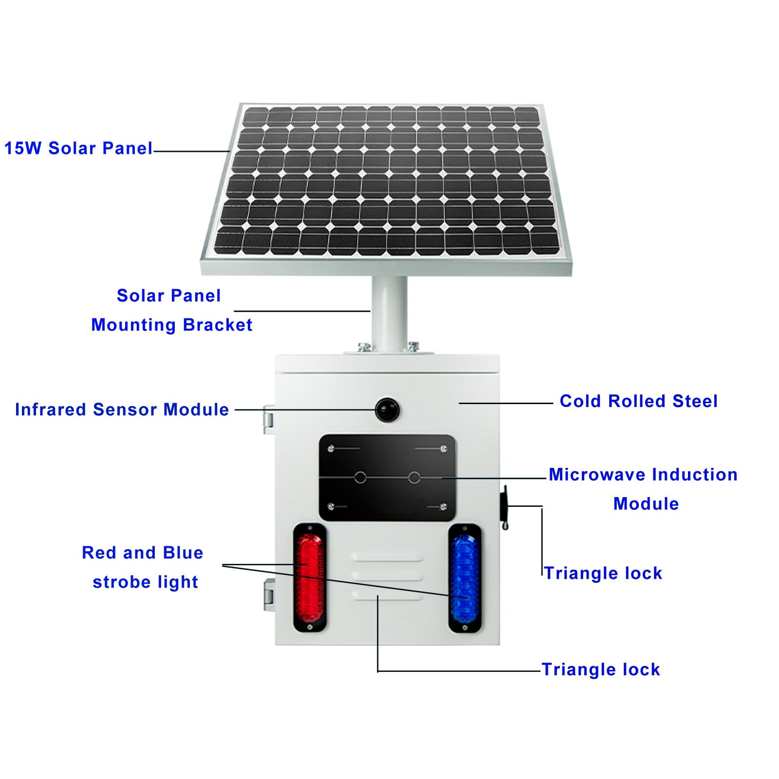 Solar Motion Sensor Alarm Siren Outdoor Waterproof Motion Detector Sirens with Red and Blue Strobe Light, 120dB Horn 17 Tones Adjustable Microwave Infrared Induction Alarm System SLA-TYN01