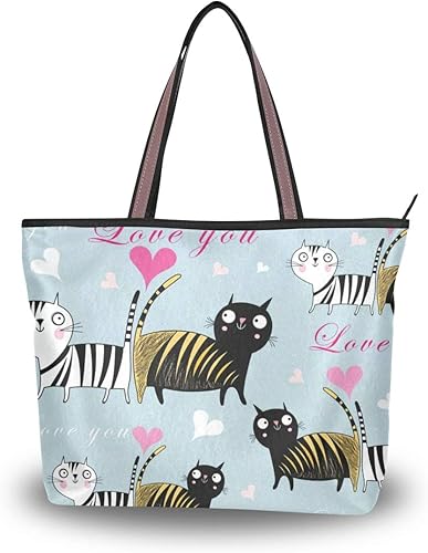 Amazon Co Jp トートバッグ レディース 大容量 通勤 通学 軽い 布 肩掛け A4 かわいい おしゃれ かわいい 猫柄 ハンドバッグ 高校生 キャンバス ファスナー 2way 手提げバッグ プレゼント対応 Shoes Bags