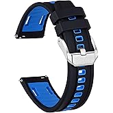 Ayadoo 22mm Bi-color Silicone Watch Band, Quick Release Replacement, Black & Blue Watch Strap with Silver Stainless Steel Buckle