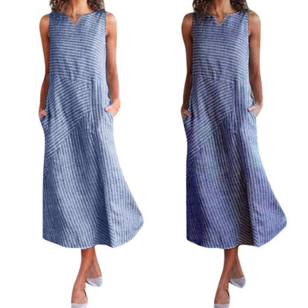 UpBeauty Women Casual Striped Sleeveless Loose Beach Long Dress with Pockets Dresses Light Blue
