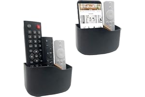 SUNFICON 2 Pack Adhesive Remote Control Holder Wall Mount Media Player Controller Holder Universal TV Remote Organizer Caddy Box Tray Hollow Bottom Phone Charging Home Office Desk Nightstand Black