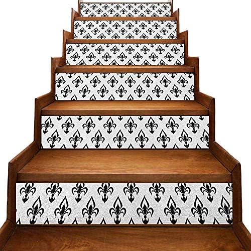 ThinkingPower Fleur De Lis Self-Adhesive Stairs Stickers Abstract Flower Pattern European Western Civilization Inspirations Baroque Eco-Friendly PVC Black White W 39" x H 7" x 6pcs.