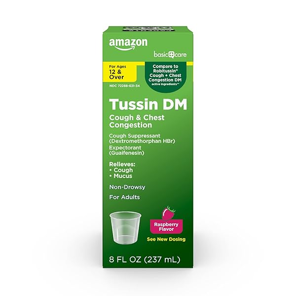 AMAZON BASIC CARE TUSSIN COUGH PLUS CHEST CONGESTION DM SYRUP, NON-DROWSY EXPECTORANT, MUCUS RELIEF, RASPBERRY FLAVOR, 8 FL OZ (PACK OF 1)