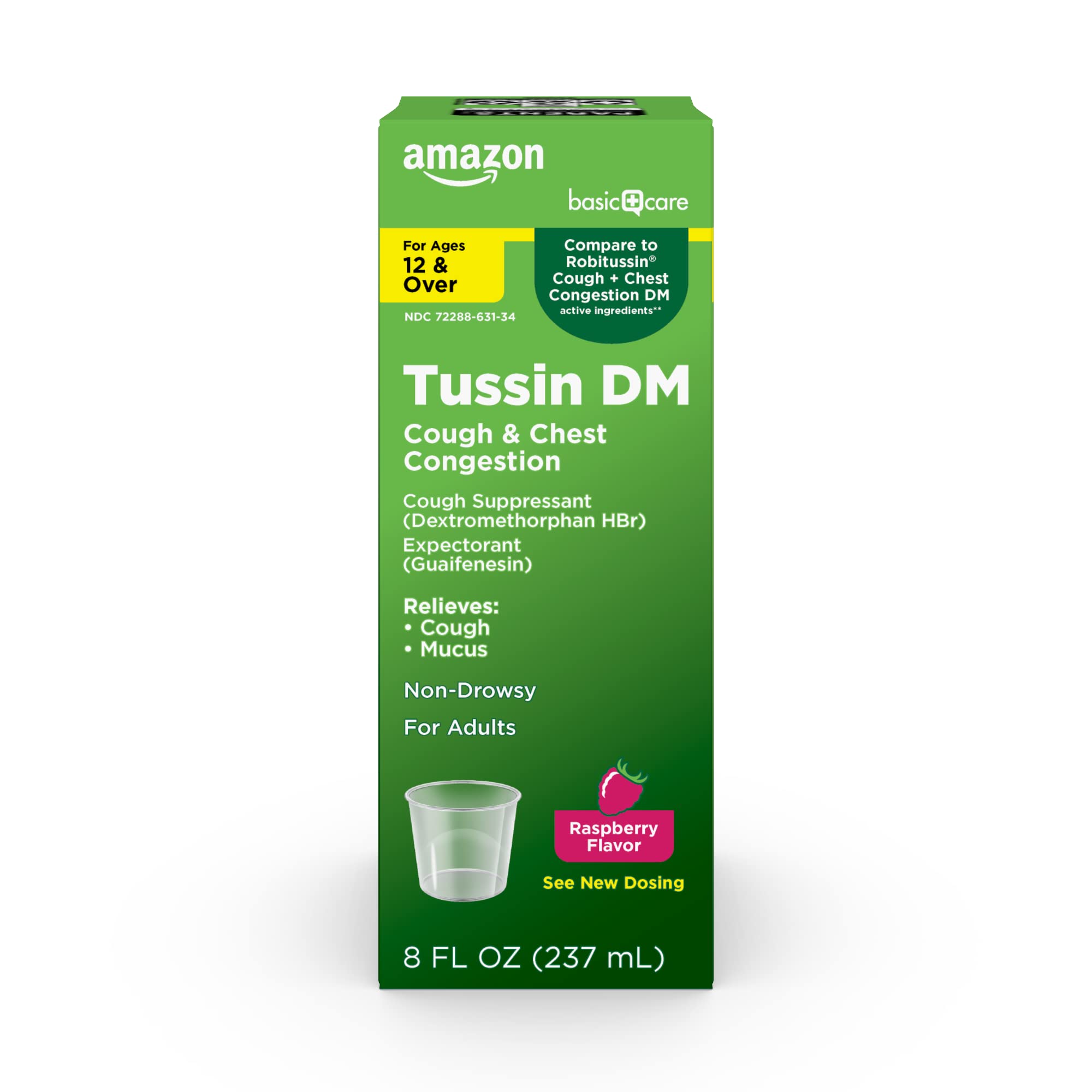 Photo 1 of Amazon Basic Care Tussin Cough Plus Chest Congestion DM Syrup, Raspberry Flavor, 8 fl oz (Pack of 1)