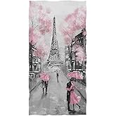 Naanle Beautiful Street View of Paris Eiffel Tower Painting Print Soft Guest Hand Towels Multipurpose for Bathroom, Hotel, Gym and Spa (16" x 30",Pink)
